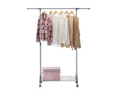 LANGRIA Perchero Burro Telescópico de Acero con Ruedas y Balda Inferior para Zapatos y Cajas de Almacenamiento, Perchero de Ropa Comercial de Altura y Anchura Ajustables (1 Barra, Cromado)