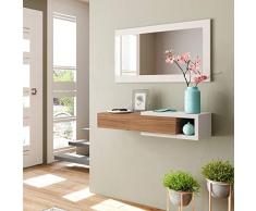 Habitdesign (0N6743BO) - Recibidor con cajón + espejo, color blanco brillo y nogal
