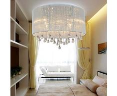 Moderno Elegante Redondo Techo Enjuagar Ligero con Blanco Gasa Tela Pantalla de lámpara y Claro Cristal Colgantes Gotas Candelabro para Sala Cuarto Lámpara de techo Cromo Terminar, D45 * H35CM