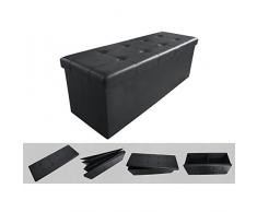 Todeco - Puff cofre de almacenaje plegable de color negro 110x38x38cm - Taburete de cuero sintético elegante y confortable