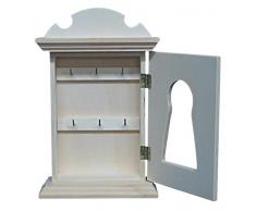 Caja llavero madera. Con dibujo cerradura en la puerta. Interior con departamentos para poner las llaves. Madera en crudo, para decorar