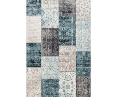 LIFA LIVING Alfombra Vintage de Retazos, Tapetes de Cuadros, Tapete Patchwork Moderno para el Salón y el Comedor Tamaños (Gris Oscuro y Azul Oscuro, 133x200cm)