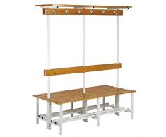 Banco de Vestuario Doble. Estructura Metálica y Asiento, Respaldo, Colgador y Repisa en Madera Pino Barnizada. Med. 1855x1500x730 mm. Desmontado