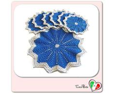 Set tapete y posavasos azules y plateados para Navidad de ganchillo - Tamaño: ø 25 cm - ø 15 cm - Handmade - ITALY
