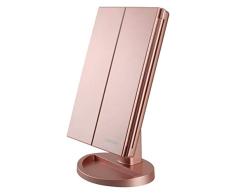 Espejo de Maquillaje con LED, Iluminado Espejo de Mesa Luz con Ampliación 1X / 2X / 3X Plegable Espejo de la Vanidad Rotación 180° Pantalla Táctil Espejo Cosmético para Hombre y Mujer (Oro Rosa)