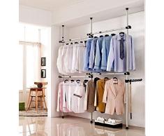TENNESKY Sistema de Perchero Extensible Bastidor de Ropa Altura Ajustable Barra para Colgar Ropa en Dormitorio (3 Postes 4 Barras)