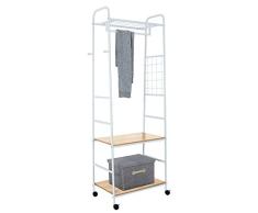 Suhu Perchero Burro de Pie con 2 Estantes 2 Ganchos Perchas Ropa Metalica Madera Estantería para Almacenaje y Organización Barra Perchero Riel con Ruedas de Acero Blanco+Color Roble