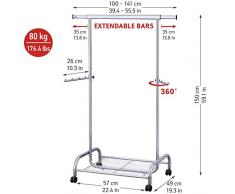 Tatkraft Bull Perchero de Ropa Burro para Tienda y Casa | Riel Robusto con Ruedas Extensible con Zapatero | Colgador de Ropa de Barra Ajustable L100-141xA150xP50 cm Acero Cromado
