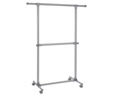 SONGMICS Perchero Doble, Perchero Extensible con Ruedas, Estructura Gruesa, Capacidad de Carga Estática y Uniforme Máx. 60 kg, (102-164) x 48,5 x 198 cm, para Ropa, Camisas, Bufandas, Gris LLR14GY