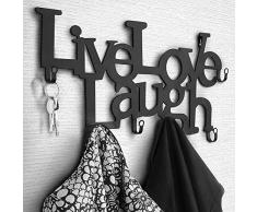 Nova - Perchero con 6 ganchos de pared de metal - 48 x 23 x 3 cm Live, Love, Laugh - Perchero de pared, perchero para ropa, panel para colgar