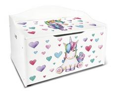 Leomark Caja de Madera Banco Blanco XL con Almacenamiento para Juguetes, Accesorios Baúl de Juguetes Tema: Unicornio