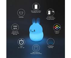 Luz Nocturna Infantil con Control Remoto y Táctil 9 Colores - BONNYCO | Luz Quitamiedos Bebé con Temporizador | Lámpara Infantil Silicona 100% Segura, Regalos para Bebés, Niños y Niñas (Conejito)