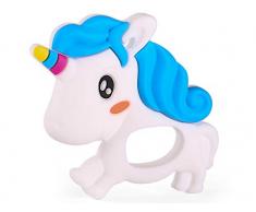 PREMYO Mordedor Bebé Silicona - Anillo de Dentición Aro de Agarrar - Alivia Dolor Libre de BPA Unicornio Blanco Azul