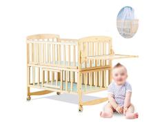 TangMengYun Seguridad La Cama de bebé de Pino con repisa se Puede Extender hasta la Cama Infantil de 1,4 Metros La Cama de bebé Mecedora con Cuna de 4 Ruedas Natural