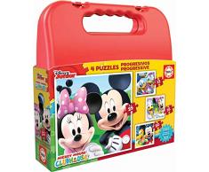 Educa Borrás- Maleta Progresivos puzzle infantil de 12, 16, 20 y 25 piezas, Mickey Mouse, a partir de 36 meses, Color rojo, única (16505)