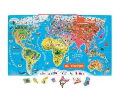 Janod - Puzzle magnético del Mundo de madera, Version en Español, 92 piezas(J05503)