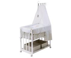 Cuna de colecho roba 4 en 1, con vestiduras Heartbreaker, utilizable como cuna de colecho, cuna balancin, cuna normal y banco para niños, fabricada en madera lacada en blanco y con vestiduras completas, y ropa de cuna de (80x80cm)