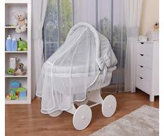 WALDIN Cuna Moisés, carretilla portabebés XXL, 44 colores a elegir,Madera/ruedas lacado en blanco,color textil gris/a cuadros