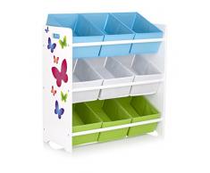 Leomark Estantería de Madera para Niños, Blanca Mariposas con 9 Contenedores, Tres Estantes, Altura 68cm, Librero para Dormitorio