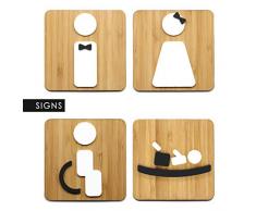 3DP Signs | 4X Bambú Cuadrado - WC Set Hombre, Mujer, Discapacitado, Cambiador - 4 x Rest Room WC. Individual gestaltbare señales para Puertas. Placa de Madera en Relieve.