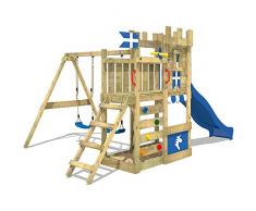 WICKEY Castillo el juego RoyalFlyer Parque infantil Torre de escalada con columpio y tobogán, cajón de arena, muro para trepar y escalera