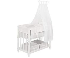 Cuna de colecho roba 4 en 1, con vestiduras Fox & Bunny, utilizable como cuna de colecho, cuna balancin, cuna normal y banco para niños, fabricada en madera lacada en blanco y con vestiduras completas, y ropa de cuna de (80x80cm)