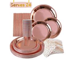 VAINECHAY 146pcs Vajilla Desechable Cumpleaños Adulto Platos Desechables Fiesta Infantil Vasos de Papel Servilletas Pajitas para Navidad Boda Baby Shower Aniversario Oro Rosa 24 invitados