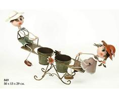 CAPRILO Macetero Doble Decorativo de Metal Niños en Balancín. Adornos y Figuras. Decoración para Jardín. Regalos Originales. 50 x 13 x 29 cm.