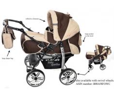 Baby Sportive - Sistema de viaje 3 en 1, silla de paseo, carrito con capazo y silla de coche, RUEDAS ESTÁTICAS y accesorios, color marrón, beige