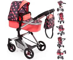 Bayer Design Coral Cochecito de muñecas Neo Vario con Bolso Cambiador, Convertible, Plegable, Color Rojo, Negro con Estrellas y Corazones, 52 cm (18405AA)