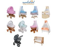 WALDIN Cuna Moisés, carretilla portabebés XXL,18 modelos a elegir,Madera/ruedas lacado en blanco,color textil beige/amarillo/a cuadros