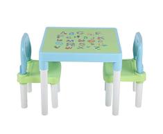 Conjunto Escritorio y Sillas de Jardín Infantil Casa Mesa y Silla de Estudio para Niños con Impresión de Letras para Cenar Estudiar Jugar Juegos Dibujar Hecho a Mano Plástico Seguro(Azul + Verde)