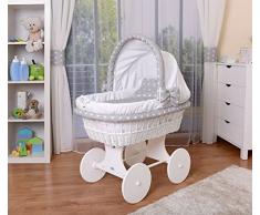 WALDIN Cuna Moisés, carretilla portabebés XXL, 26 modelos a elegir,Madera/ruedas lacado en blanco,color textil blanco/estrellas-blanco