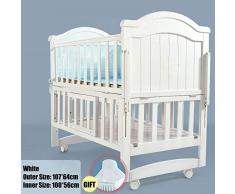 HEEGNPD Cuna para bebé en Madera de Pino Blanco de 110 cm de Longitud, se Puede Transformar en una Cama Junior, la Cuna para bebé Puede ser Cuna Mecedora, la Cama se Puede Extender hasta 160 cm,A