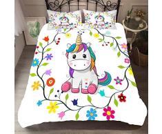 CHAOSE Funda Nórdica Suave Cálido Juego De Cama Algodón-Poliéster Unicornio, Adecuado para Niñas 3 Piezas (1 Funda Nórdica+2 Funda De Almohada 50x75cm) ((180x220 cm) - Cama 105/135,Pequeño Unicornio)
