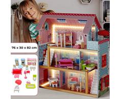 Infantastic Casa de Muñecas de Madera - para Muñecas de 13cm, con 16 Accesorios Incluidos y 3 Niveles de Juego, 76x30x82cm - Casita en Miniatura con Muebles, Mansión de Juguete