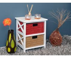 Cómoda mesa auxiliar de 45 cm de alto para niños, baño, pasillo color blanco con dos cestas en ratán mostaza y rojo