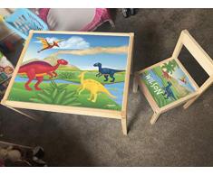 MakeThisMine, Mesa Infantil Personalizada y 1 Silla de Madera con Nombre de Dinosaurio Grabado Dino1 T-Rex Huevo Impreso Juego de Escritorio para niños y niñas, Amigos, Familia
