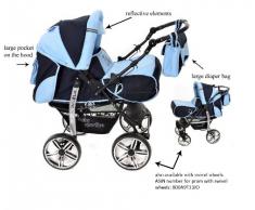 Baby Sportive - Sistema de viaje 3 en 1, silla de paseo, carrito con capazo y silla de coche, RUEDAS ESTÁTICAS y accesorios, color negro, azul celeste
