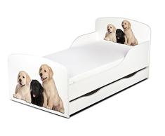 Leomark Cama Infantil Completa de Madera - Labradores - Marco de Cama, Colchón, Somier, Cajón, Blanco Muebles para Niños, Moderno Dormitorio, Impresa Mobiliario, Espacio para Dormir: 140/70 cm