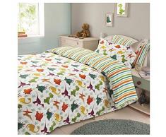 Dreamscene – Dinosaurio Animal, Reversible, diseño de Rayas niños Juego de Cama de Funda de edredón Funda de Almohada poliéster, Verde/Naranja/Blanco, Solo