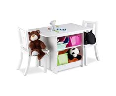 Relaxdays Mobiliario Infantil Albus con Espacio de almacenaje, Una Mesa & Dos sillas, Diseño Unisex, Blanco, Madera, plástico, Bianco, 56 x 75 x 46 cm