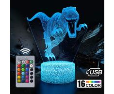 Dinosaurio Luz Nocturna Infantil, Juguete Dinosaurio para Chicos, Lámpara de Noche 3D de 16 Colores con Control Remoto, Regalos de Cumpleaños para Niños y Adultos