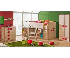 Smartbett GmbH Mickey 06 - Juego completo de dormitorio juvenil (4 piezas) Roble Santana/Rojo