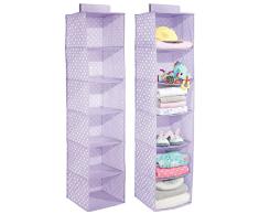 mDesign Juego de 2 estanterías Colgantes – Práctico Organizador de armarios para Barra con 6 estantes – Zapatero Colgante Plegable con Alegre Estampado para Cuarto Infantil – Lila/Puntos Blancos
