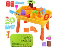 deAO Mesas de Juegos Exteriores 2 en 1 para Agua y Arena Mesa de Plástico Infantil con Tablas de Multiplicar y Acesorios de Playa Incluidos