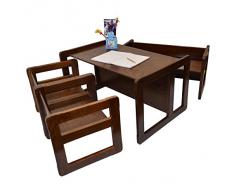3 en 1 Muebles Para Niños Juego de 4 Dos Pequeñas Mesas Sillas y Una Mesa Banco Pequeña y Una Mesa Banco Grande Hechan de Madera de Haya Oscura