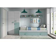 Habitdesign 0J7447K - Cama nido juvenil 2 camas + estante acabado Blanco Line y Acqua, medidas 201x43x98 cm de fondo