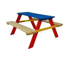 SunDeluxe Conjunto Mesa y Bancos De Picnic De Madera De Pino para Niños 90 x 90 x 49 cm - Set Muebles Infantil para Jardín o Terraza - con Esquinas Redondeadas, Color:Colorido