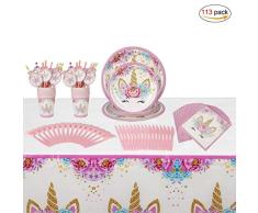 Unicornio Desechable Vajilla Accesorio de Decoración de Fiesta de Cumpleaños para 16 personas Rosa Desechable Plato Servilletas Taza Paja Mantel para Niños Niña Baby Shower Boda 113 Piezas